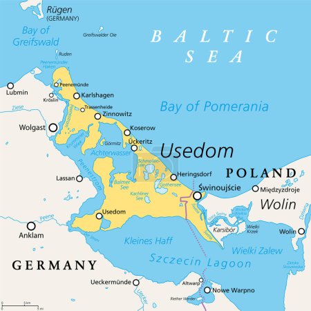 Illustration for Usedom, Baltic Sea island in Pomerania, political map. Nicknamed Sun Island, the sunniest and most populous Island of the Baltic Sea, divided between Germany and Poland. A popular tourist destination. - Royalty Free Image