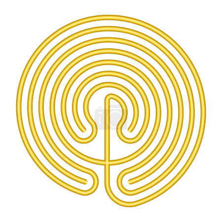 Illustration for Circle shaped Cretan labyrinth, gold colored and in the classical design of a single path in 7 courses as depicted on coins from Knossos. In Greek mythology a confusing structure to hold the Minotaur. - Royalty Free Image