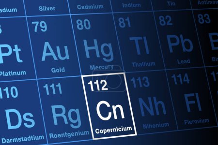 Illustration for Copernicium on periodic table of the elements. Extremely radioactive, superheavy, synthetic transactinide element. Element symbol Cn and atomic number 112. Named after astronomer Nicolaus Copernicus. - Royalty Free Image