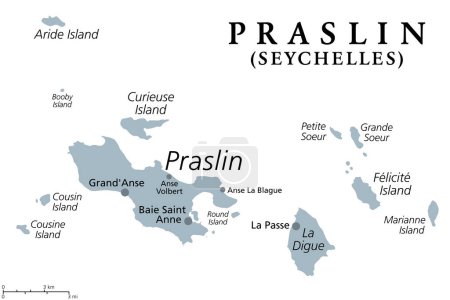 Téléchargez les illustrations : Praslin et les îles voisines, carte politique grise. Deuxième plus grande île des Seychelles, une République et un état archipélagique dans l'océan Indien. La Digue, Curieuse, Felicite et petites îles. - en licence libre de droit