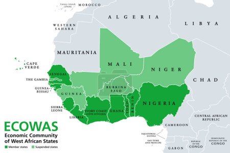 Téléchargez les illustrations : CEDEAO, Communauté économique des États de l'Afrique de l'Ouest, États membres, carte politique. Également connu sous le nom de CEDEAO, est une union politique et économique régionale de 15 pays d'Afrique de l'Ouest. Illustration isolée. - en licence libre de droit