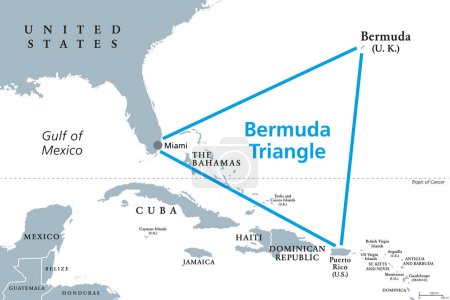 The Bermuda Triangle or Devils Triangle, gray political map. Region in North Atlantic Ocean between Bermuda, Miami and Puerto Rico where aircrafts and ships disappeared under mysterious circumstances.