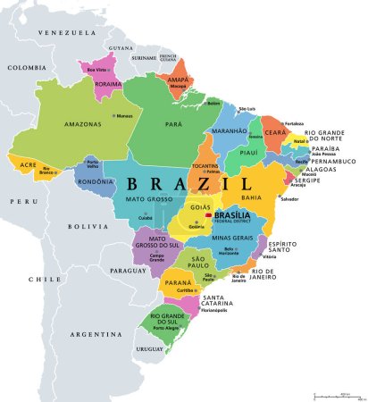 États du Brésil, carte politique. Unités fédératives de couleur différente, avec leurs frontières et capitales. Entités infranationales jouissant d'une certaine autonomie, formant la République fédérative du Brésil.