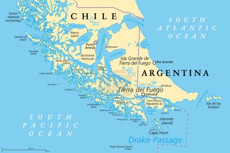 Illustration for Tierra del Fuego, political map. Archipelago and southernmost tip of South America, across the Strait of Magellan, divided between Chile and Argentina. With Cape Horn, north of the Drake Passage. - Royalty Free Image