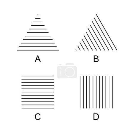 Ilustración de Triángulos y cuadrados de Helmholtz ilusiones ópticas. El triángulo igualitario con líneas horizontales aparece más alto (A), con líneas anguladas parece moverse a la derecha (B). Un cuadrado aparece más alto (C) o más ancho (D). - Imagen libre de derechos