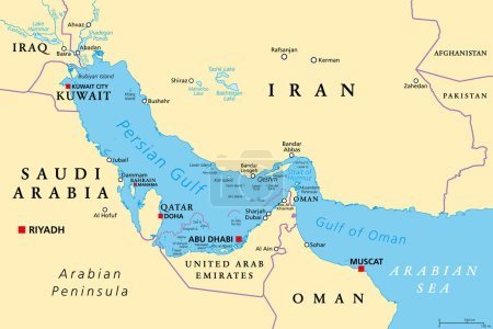 Ilustración de Región del Golfo Pérsico, mapa político. También el Golfo Arábigo, un Mar Mediterráneo en Asia Occidental, situado entre Irán y la Península Arábiga, conectado con el Golfo de Omán en el este por el Estrecho de Ormuz. - Imagen libre de derechos