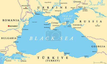 Illustration for Black Sea region, political map. Located between Europe and Asia, with Crimea, Sea of Azov, Sea of Marmara, Bosporus, Dardanelles and Kerch Strait. Supplied by the major rivers Danube, Dnipro and Don. - Royalty Free Image