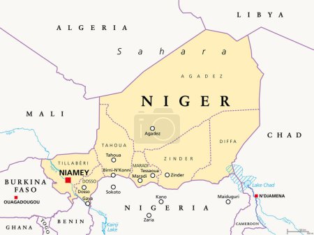 Téléchargez les illustrations : Niger, pays enclavé d'Afrique de l'Ouest, carte politique avec frontières, régions, la capitale Niamey et les plus grandes villes. La République du Niger est un État unitaire. La majeure partie de sa superficie se trouve au Sahara. - en licence libre de droit