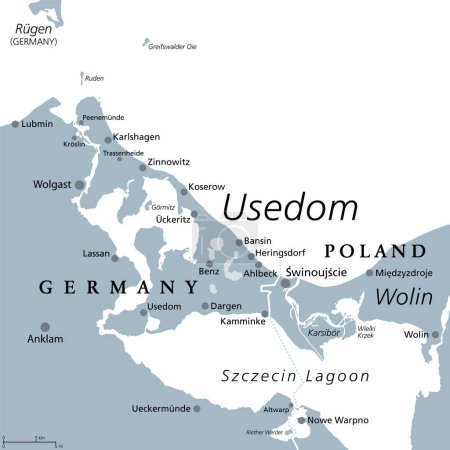 Usedom, isla del Mar Báltico en Pomerania, mapa político gris. Apodada Isla del Sol, isla más soleada y poblada del Mar Báltico, dividida entre Alemania y Polonia. Destino turístico popular.