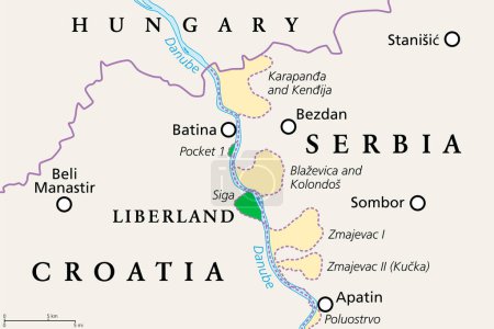 Liberland, political map. Free Republic of Liberland, unrecognized micronation in Europe, claiming Siga, an uninhabited parcel of disputed land on western bank of Danube, between Croatia and Serbia.