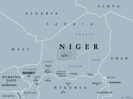 Téléchargez les illustrations : Niger, pays enclavé d'Afrique de l'Ouest, carte politique grise avec frontières, régions, capitale Niamey et plus grandes villes. La République du Niger, un État unitaire. La majeure partie de sa superficie se trouve au Sahara. - en licence libre de droit
