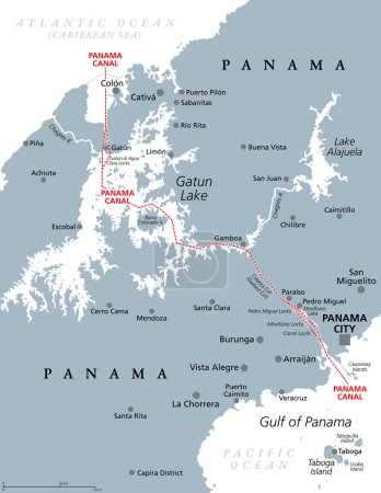 Illustration for Panama Canal, gray political map. Artificial waterway in Panama, connecting Atlantic Ocean (Caribbean Sea) with Pacific Ocean, cutting across the Isthmus of Panama, reducing the travel time for ships. - Royalty Free Image