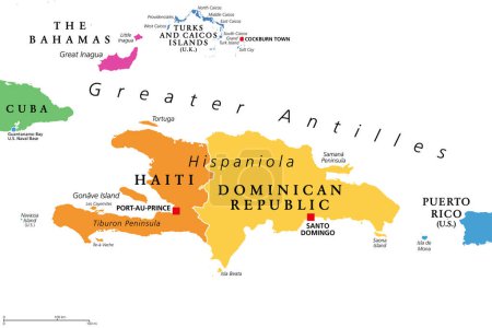 Illustration for Hispaniola and surroundings, colored political map. Caribbean island divided into Haiti and Dominican Republic, part of Greater Antilles, next to Cuba, Bahamas, Puerto Rico, Turks and Caicos Islands. - Royalty Free Image