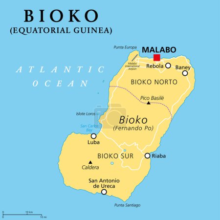 Ilustración de Bioko, isla frente a la costa de África, mapa político. Históricamente Fernando Po, la parte más septentrional de Guinea Ecuatorial, con capital Malabo. Parte de la línea de Camerún, una cadena de islas volcánicas. - Imagen libre de derechos