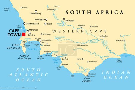 Cabo de Buena Esperanza, una región de Sudáfrica, mapa político. Desde Ciudad del Cabo y Península del Cabo, un promontorio rocoso en la costa del Atlántico Sur, hasta el cabo Agulhas, el extremo sur del continente africano.
