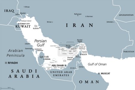 Région du Golfe Persique, carte politique grise. Également le golfe Arabo-Persique, une mer Méditerranée en Asie occidentale, située entre l'Iran et la péninsule arabique, reliée au golfe d'Oman à l'est par le détroit d'Ormuz.