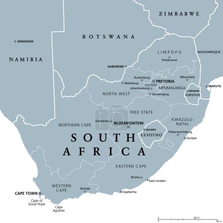 Sudáfrica, mapa político gris con nueve provincias, con ciudades más grandes y fronteras. República y el país más austral de África, con las tres capitales Pretoria, Ciudad del Cabo y Bloemfontein.