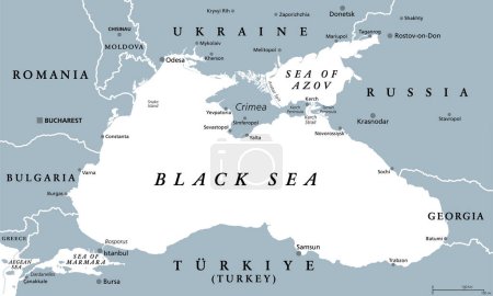 Región del Mar Negro, mapa político gris. Mar mediterráneo marginal del Océano Atlántico, entre Europa y Asia. Con Crimea, Mar de Azov, Mar de Mármara, Bósforo, Dardanelos y el Estrecho de Kerch.