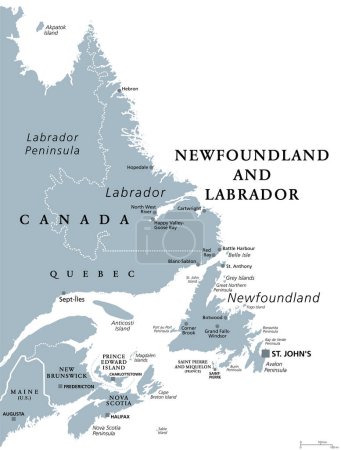 Téléchargez les illustrations : Terre-Neuve-et-Labrador, carte politique grise. Province du Canada, dans la région de l'Atlantique. Avec la capitale St. Johns, île de Terre-Neuve et région continentale du Labrador entre le Québec et l'Atlantique. - en licence libre de droit