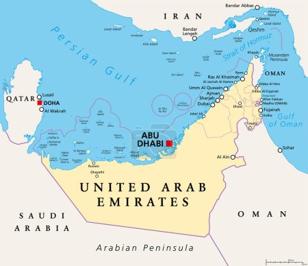 Ilustración de Emiratos Árabes Unidos, Emiratos Árabes Unidos, mapa político. Los Emiratos Árabes Unidos, un país de Oriente Medio en la Península Arábiga, entre Omán y Arabia Saudita, comparten fronteras marítimas en el Golfo Pérsico con Qatar e Irán. - Imagen libre de derechos