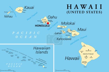 Hawaiian Islands, mapa político. Archipiélago de ocho grandes islas volcánicas, varios atolones y numerosos islotes más pequeños en el Océano Pacífico Norte, que se extiende desde la isla de Hawái hasta el atolón de Kure.