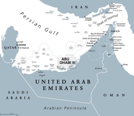 Illustration for United Arab Emirates, UAE, gray political map. The Emirates, a country in Middle East at Arabian Peninsula, between Oman and Saudi Arabia, sharing maritime borders in Persian Gulf with Qatar and Iran. - Royalty Free Image