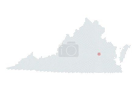 Téléchargez les illustrations : Virginie, silhouette de l'État américain avec motif de points radiaux. contour du Commonwealth de Virginie, résultant de points gris, disposés en cercles, à partir de la capitale en pointillés rouges Richmond. - en licence libre de droit