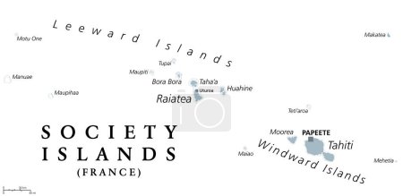 Illustration for Society Islands, gray political map. Group of volcanic islands, in French Polynesia. Overseas collectivity of France in the South Pacific Ocean. Archipelago, divided into Leeward and Windward Islands. - Royalty Free Image