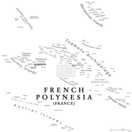 French Polynesia, gray political map with capital Papeete, on the island of Tahiti. Overseas collectivity of France, and sole overseas country, in the South Pacific Ocean, with 121 islands and atolls.