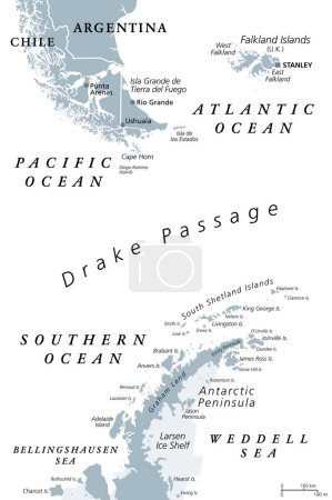 Ilustración de Drake Passage, Mar de Hoces, o Mar de Hoces, mapa político gris. Cuerpo de agua entre el Cabo de Hornos y la Península Antártica, que conecta el Atlántico Sur con el Pacífico Sur y se extiende hasta el Océano Austral. - Imagen libre de derechos