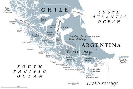 Illustration for Tierra del Fuego, gray political map. Archipelago and southernmost tip of South America, across the Strait of Magellan, divided between Chile and Argentina. With Cape Horn, north of the Drake Passage. - Royalty Free Image