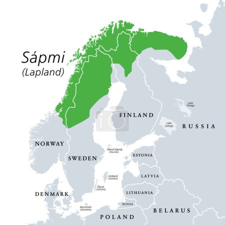 Illustration for Sapmi, Lapland, gray political map. Cultural region in Northern and Eastern Europe, including the northern parts of Fennoscandia, stretching over the four countries Norway, Sweden, Finland and Russia. - Royalty Free Image
