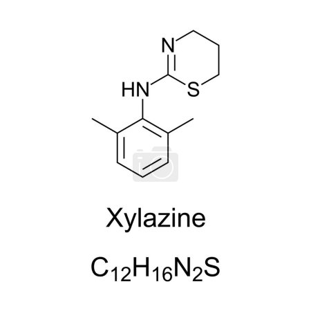 Xylazine, formule chimique et structure. Médicament utilisé pour la sédation, l'anesthésie, la relaxation musculaire et l'analgésie chez les animaux. Drogue non prescrite couramment utilisée aux États-Unis, connue sous le nom de rue Tranq.