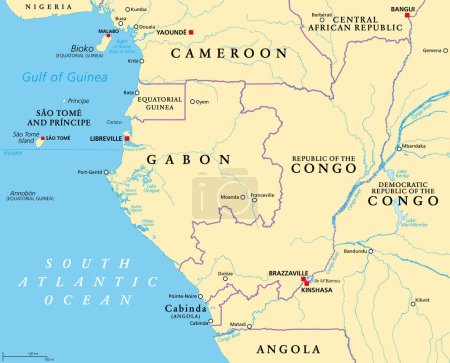 Illustration for Part of Central Africa, a subregion of the African continent, political map, with capitals, borders and largest cities. Gabon, the Republic of the Congo, Sao Tome and Principe, and Equatorial Guinea. - Royalty Free Image