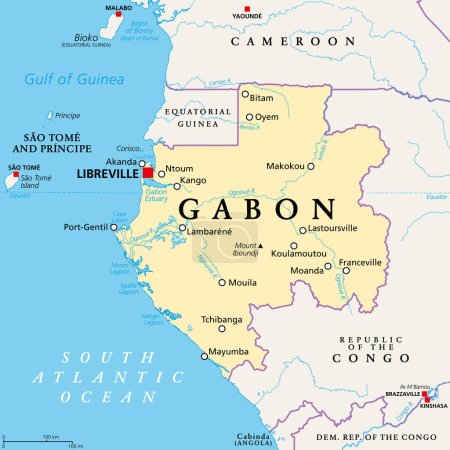 Illustration for Gabon, political map. Gabonese Republic, a country on the Atlantic coast of Central Africa, with capital Libreville. Bordered by Equatorial Guinea, Cameroon, Republic of the Congo, and Gulf of Guinea. - Royalty Free Image