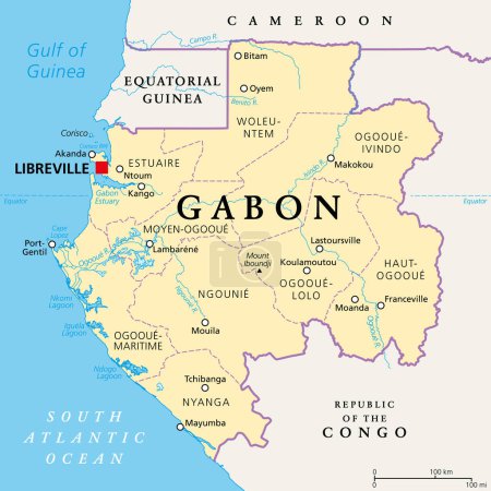 Illustration for Gabon, political map. Gabonese Republic, with provinces. Central African country on Atlantic coast with capital Libreville. Bordered by Equatorial Guinea, Cameroon, Congo Republic, and Gulf of Guinea. - Royalty Free Image