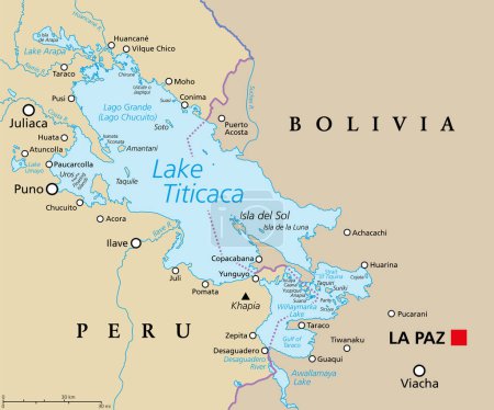 Ilustración de Lago Titicaca, mapa político. Gran lago de agua dulce en la cordillera de los Andes en la frontera de Bolivia y Perú. A menudo llamado el lago navegable más alto del mundo, y el lago más grande de América del Sur. - Imagen libre de derechos