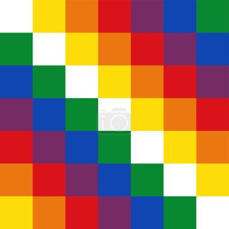 Ilustración de Wiphala de Qullasuyu, variante oficial de la bandera de Bolivia desde 2009. Emblema cuadrado comúnmente utilizado como bandera para representar a los pueblos nativos de los Andes. Compuesto por un mosaico cuadrado de 7 x 7 en colores arcoíris. - Imagen libre de derechos