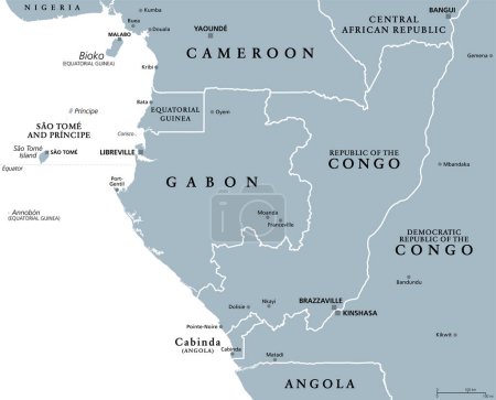 Illustration for Part of Central Africa, subregion of the African continent, gray political map, with capitals, borders and largest cities. Gabon, Republic of the Congo, Sao Tome and Principe, and Equatorial Guinea. - Royalty Free Image