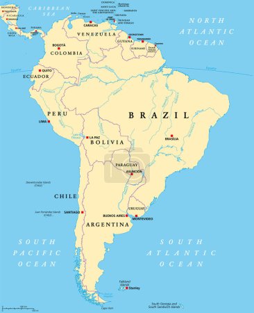South America, political map with borders, capitals and the largest rivers. A continent, bordered by the Pacific and the Atlantic Ocean, by North America and the Caribbean Sea. Illustration. Vector.