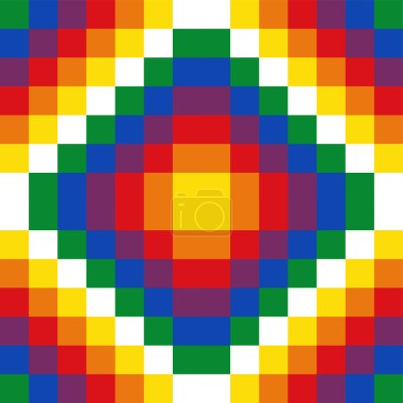 Ilustración de Variante oficial de la Wiphala, unión de cuatro Wiphalas cuyas diagonales blancas forman una cruz andina o Chakana en el centro. La Wiphala de Qullasuyu es una variante oficial de la bandera de Bolivia desde 2009.. - Imagen libre de derechos