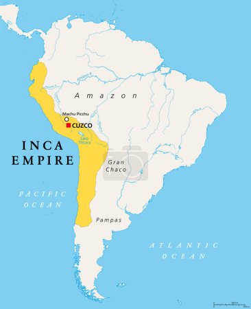 Illustration for The Inca Empire at its greatest extent, about 1525, political map. Also known as Incan or Inka Empire, with capital Cusco. Called Tawantinsuyu by its subjects, Quechua for the Realm of the Four Parts. - Royalty Free Image