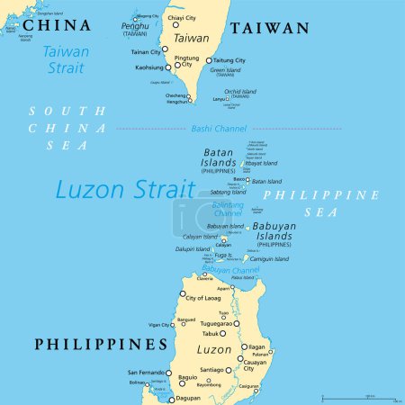 Ilustración de Estrecho de Luzón, mapa político. Estrecho entre Luzón y Taiwán, que conecta el Mar de Filipinas con el Mar de China Meridional en el Océano Pacífico occidental. Importante cuerpo de agua para el transporte marítimo y las comunicaciones. - Imagen libre de derechos