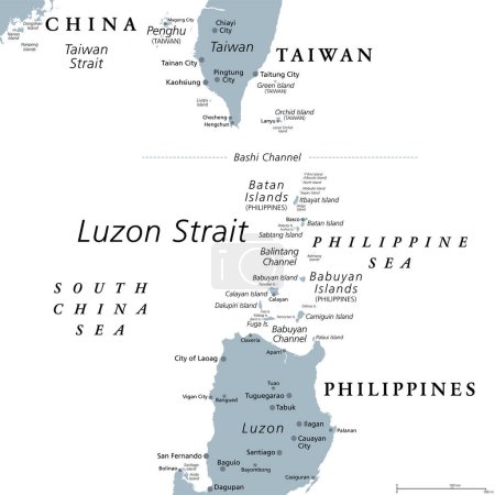 Ilustración de Estrecho de Luzón, mapa político gris. Estrecho entre Luzón y Taiwán, que conecta el Mar de Filipinas con el Mar de China Meridional en el Océano Pacífico occidental. Importante cuerpo de agua para el transporte marítimo y las comunicaciones. - Imagen libre de derechos