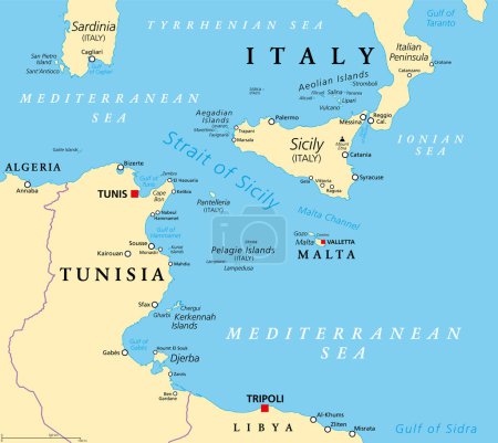Illustration for Strait of Sicily, political map. Also known as Sicilian Channel. A strait, located in the Mediterranean Sea, between Tunisia and Sicily, Italy. With Pantelleria, and with Aegadian and Pelagie Islands. - Royalty Free Image