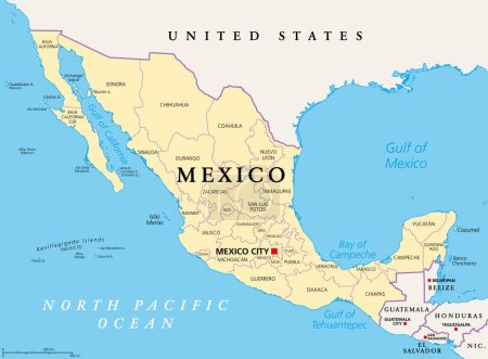 Staaten von Mexiko, politische Landkarte. Die Vereinigten Mexikanischen Staaten, ein Land im südlichen Teil Nordamerikas. Föderale Republik, bestehend aus autonomen Einheiten, aus 31 Bundesstaaten mit Hauptstadt Mexiko-Stadt.
