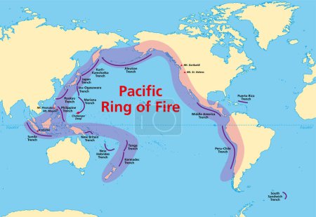 Téléchargez les illustrations : Cercle de feu du Pacifique, carte avec tranchées océaniques. Également connu sous le nom de Rim of Fire, et Circum-Pacific Belt. Région autour du bord de l'océan Pacifique, où de nombreuses éruptions volcaniques et tremblements de terre se produisent. - en licence libre de droit