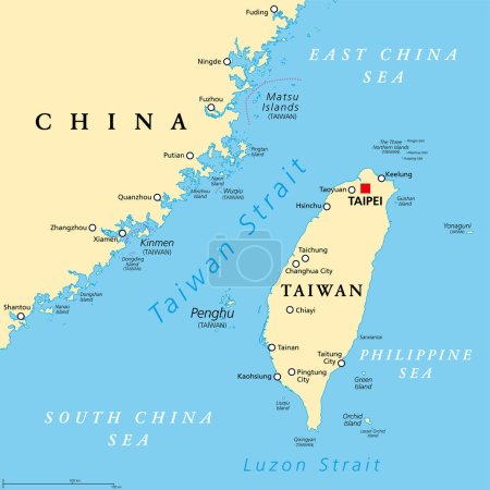 Ilustración de Estrecho de Taiwán, mapa político. Importantes vías navegables y aguas internacionales en disputa, que separan la isla de Taiwán y Asia continental, que conecta el Mar de China Oriental y el Mar de China Meridional. - Imagen libre de derechos