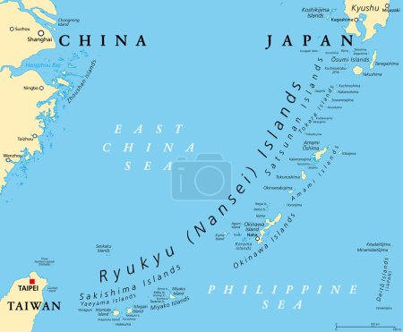Illustration for Ryukyu Islands, also known as Nansei Islands, political map. The Ryukyu Arc, a Japanese, mostly volcanic island chain stretching from Kyushu, Japan, to the westernmost Yonaguni Island, east of Taiwan. - Royalty Free Image
