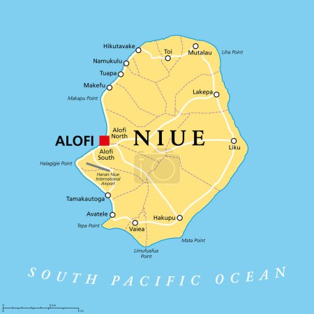 Niue, carte politique. État insulaire autonome, situé dans l'océan Pacifique Sud, une partie de la Polynésie, avec la capitale Alofi. L'île est subdivisée en 14 municipalités et circonscriptions électorales.
